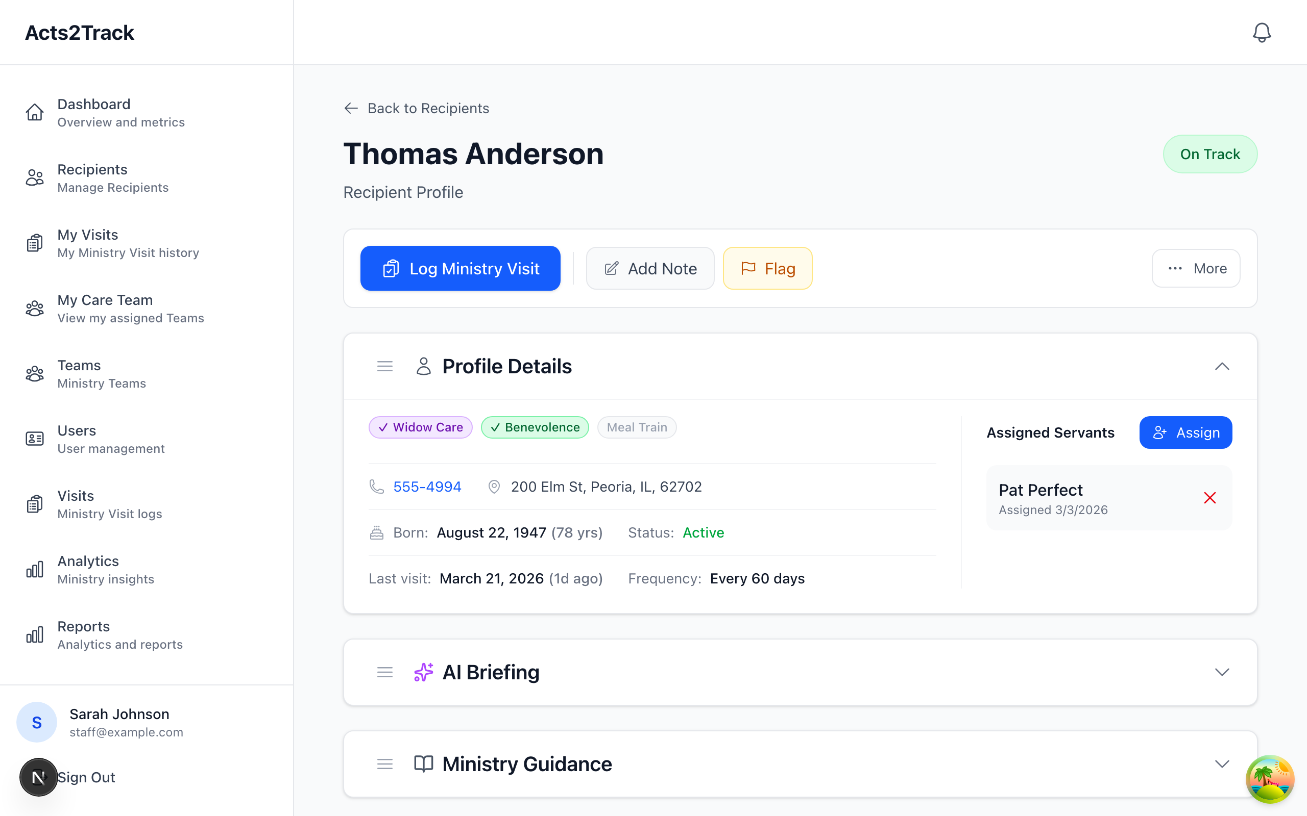 Pre-Visit Briefing showing recipient profile with personalized ministry guidance
