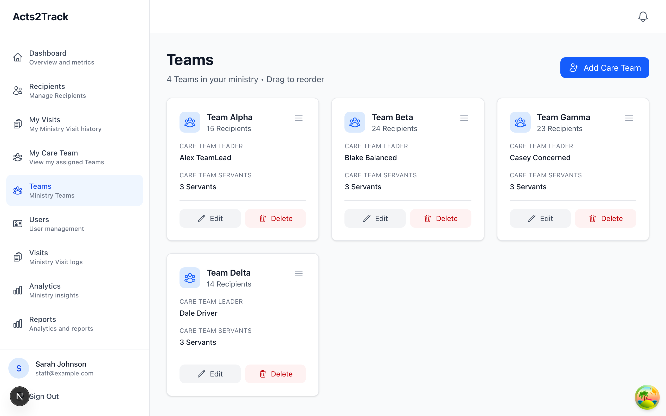 Team management dashboard showing ministry team assignments