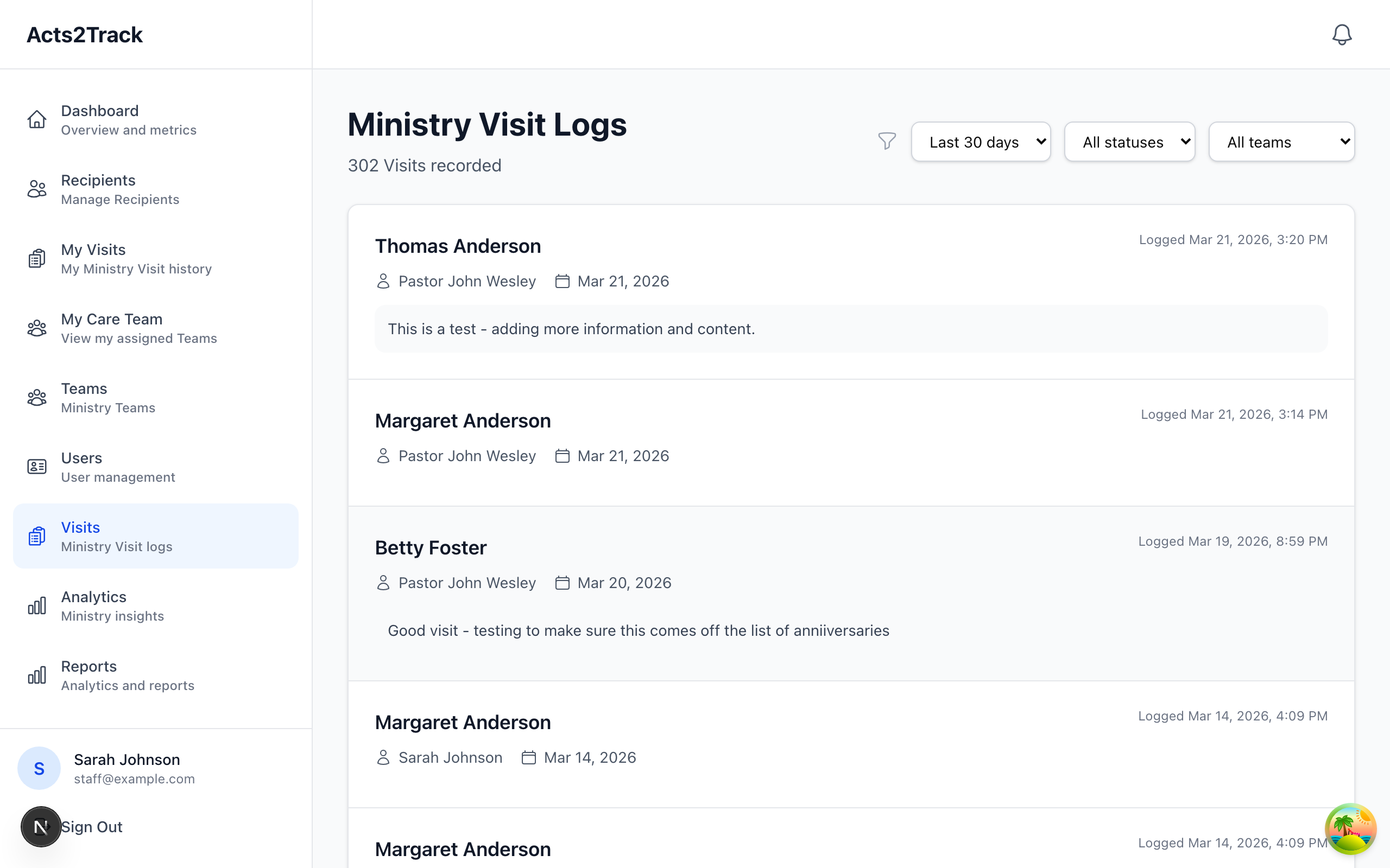 Visit logging interface showing ministry visit history
